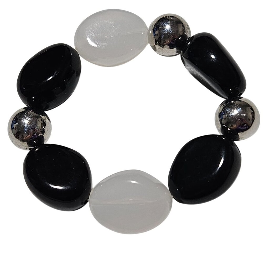 Elegant Retro Black White Beaded Stretch Bracelet Silver Accents Fashion Jewelry